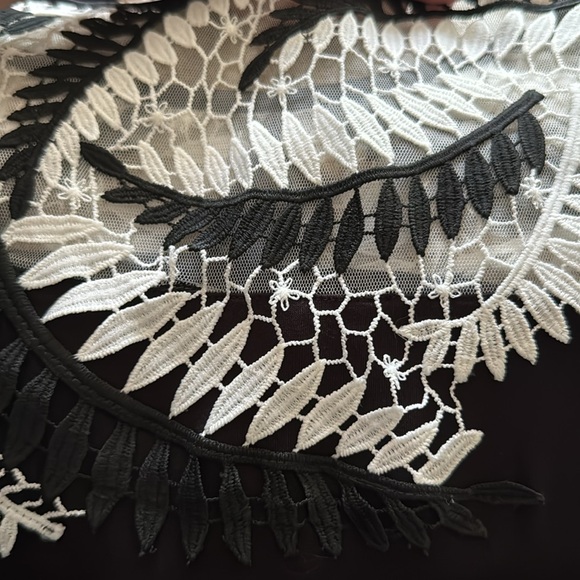 WHITE HOUSE BLACK MARKET-Black/White Lace Detail Top-Cap Sleeves-Knit Body Sz M - Picture 4 of 12